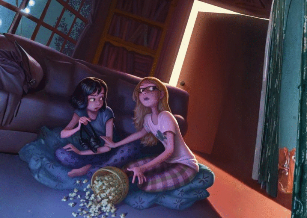 2 chicas asustadas viendo películas a oscuras