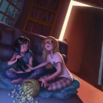 2 chicas asustadas viendo películas a oscuras