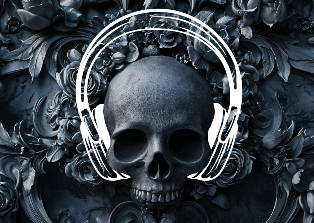 Ilustración de calavera gris con audifonos.