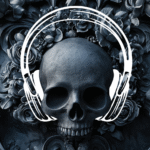 Ilustración de calavera gris con audifonos.